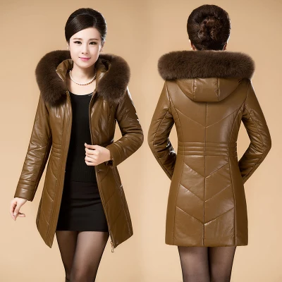 

Leather 2020 Jacket Women Warm Winter Faux Leather Jacket Hood Faux Fox Fur Collar Slim Long Down Chaqueta Plus Size L-7XL