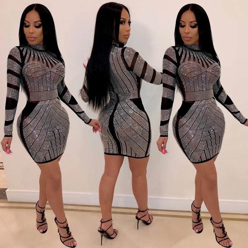 

2022 Ladies Elegant Hot Sale Fashion Hot Rhinestone Sexy Black Nightclub Mini Skirt Long Sleeve Dress Women