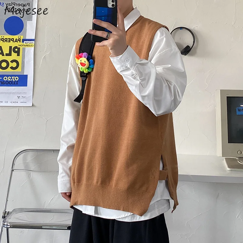 

Men Designer Sweater Vests Side-slit Solid Loose Couple Students Soft Outwear Trendy Males Jumpers Casual Knitted Unisex Ulzzang