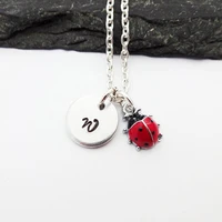 1pcs lovely red enameled ladybug necklace silver color women men trendy animal pendant mini cute initial letter jewelry