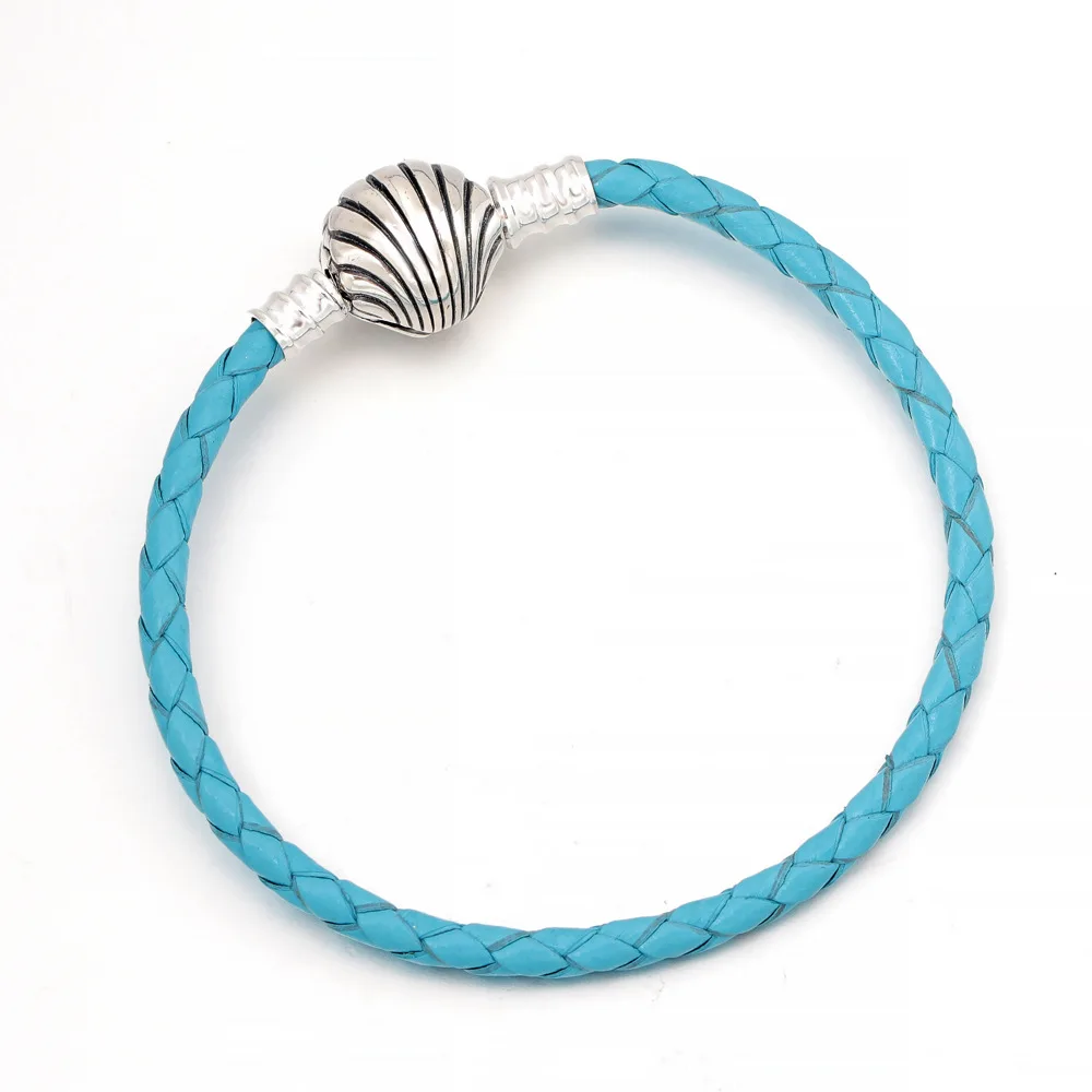 

Authentic 925 Sterling Silver New Ocean Series Shell Chain Buckle Turquoise Braided Leather Bracelet European Jewelry