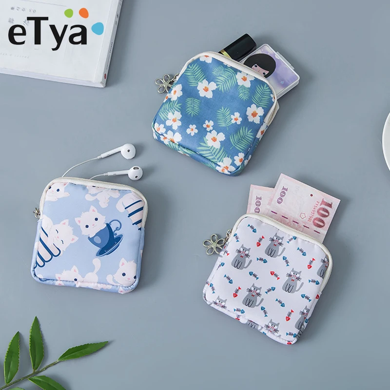 ETya мультяшная мини-сумка для монет для женщин и девочек с принтом кота, кошелек для монет, держатель для карт, кошелек, сумки для денег, наушники, посылка, подарки для детей
