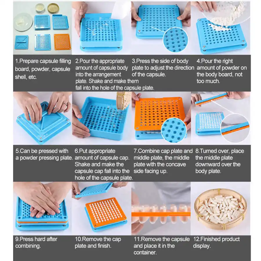 

Organizer Dispenser 200 Holes 0# Capsule Filler Manual DIY Capsule Powder Pressing Filling Machine Plate Blue for Medicines