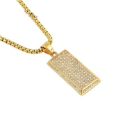 bling bling full rhinestones gold brick pendant necklace gold color stainless steel golde bar necklace rapper dancer performance
