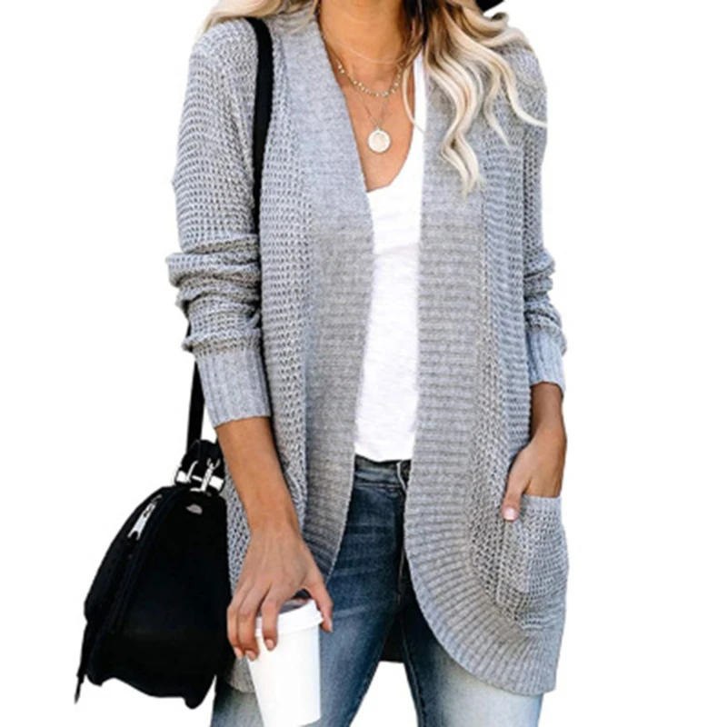 

Autumn Knit Sweater Ladies Solid Color Long Sleeved Casual Pockets Wild Sweater Street New Women Warm Coat