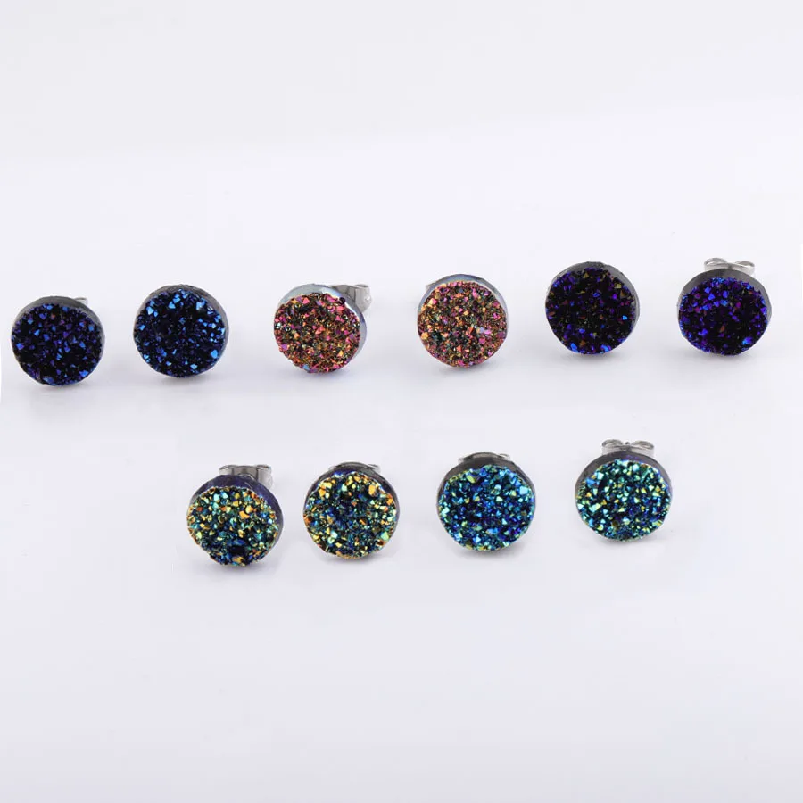 12 мм друзы Drusy серьги блестящие смолы кабошон из нержавеющей стали