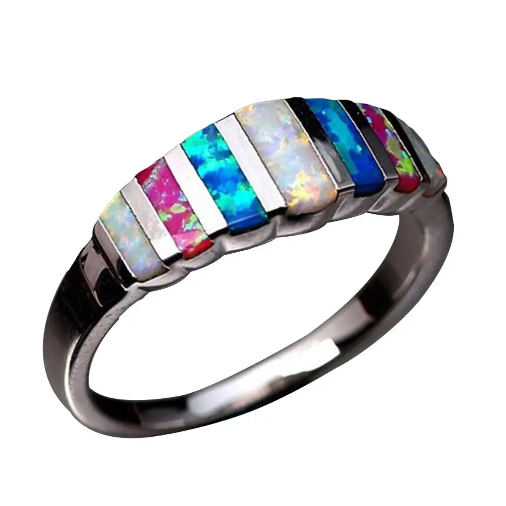 

Women Fashion Multicolor Faux Opal Inlaid Finger Ring Wedding Party Jewelry Gift