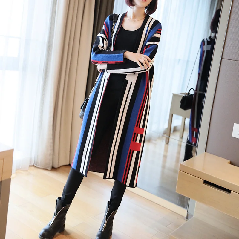 

Korean fashion stripes loose knit cardigan new autumn and winter 2019 women's long sections thick sweater coat