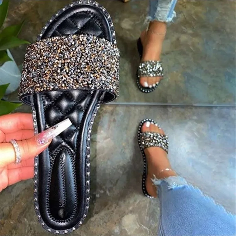 Women Bling Sequins Slippers Ladies Flat Casual Slides Open Toe Outside Soft Beach Shoes Summer Female Walking Footwear Hot