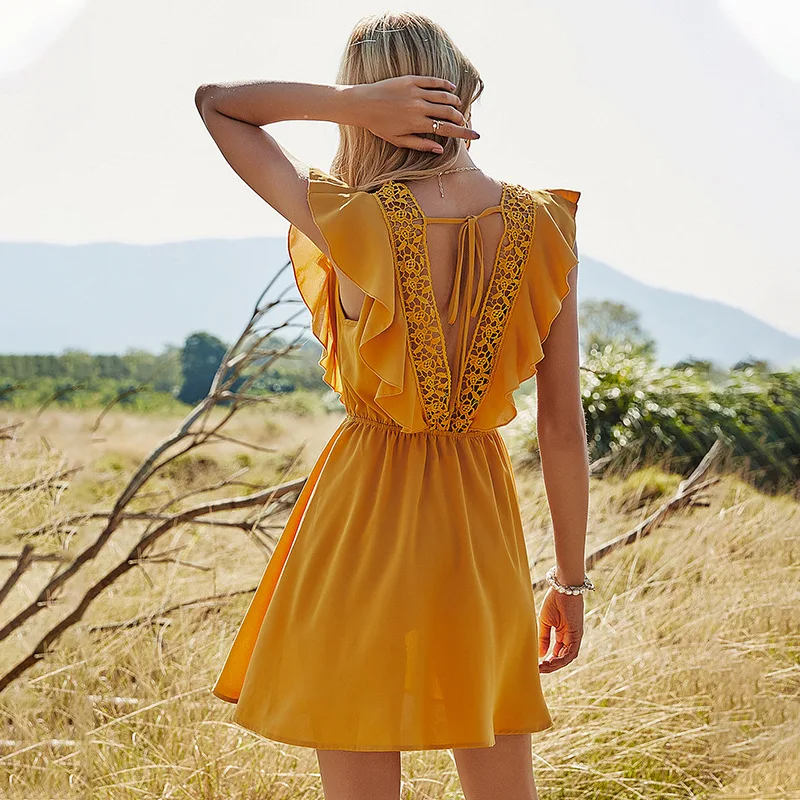 

2021 Spring Summer Women's Fashion Style Causal New Solid Color Hollow Out Stitching High Waist Backless A-line Mini Dress