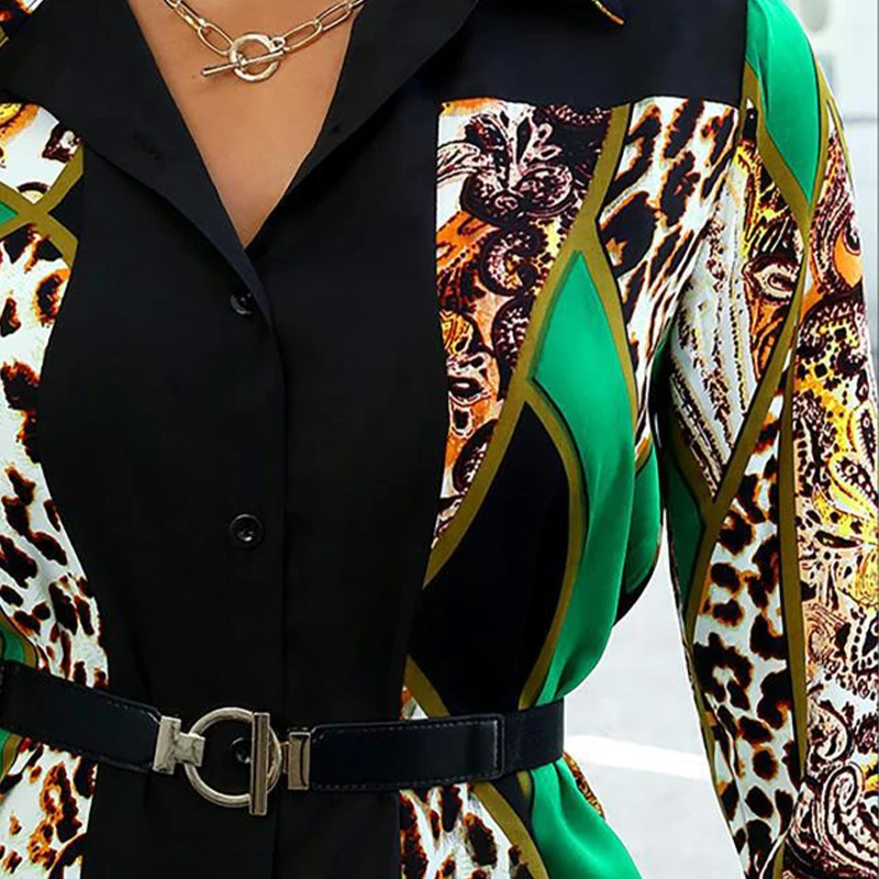 

Autumn Print Single Breasted Mid-length Shirt Leopard Women Office Lady Casual Turn Down Long Sleeve Shirt Female Tops 2021