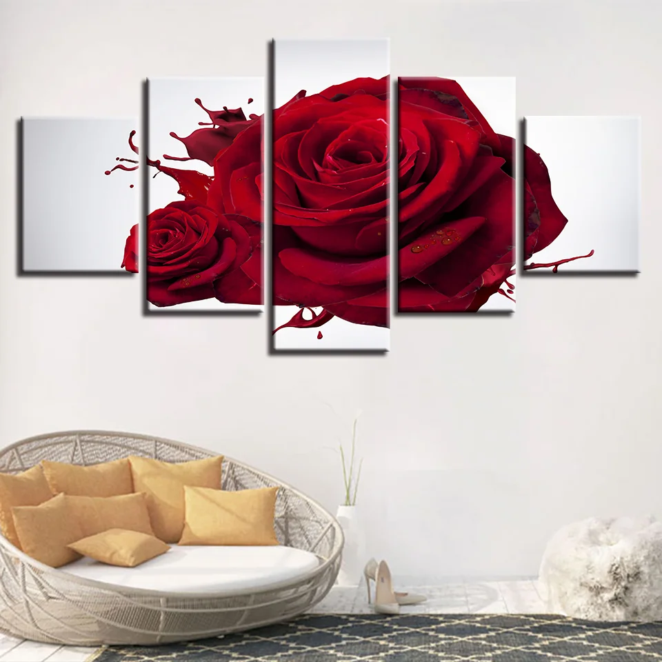 

Canvas Painting 5 Panel Red Rose Printed Modern Wall Art Poster Modular Flowers Framework Pictures Home Decor Living Room
