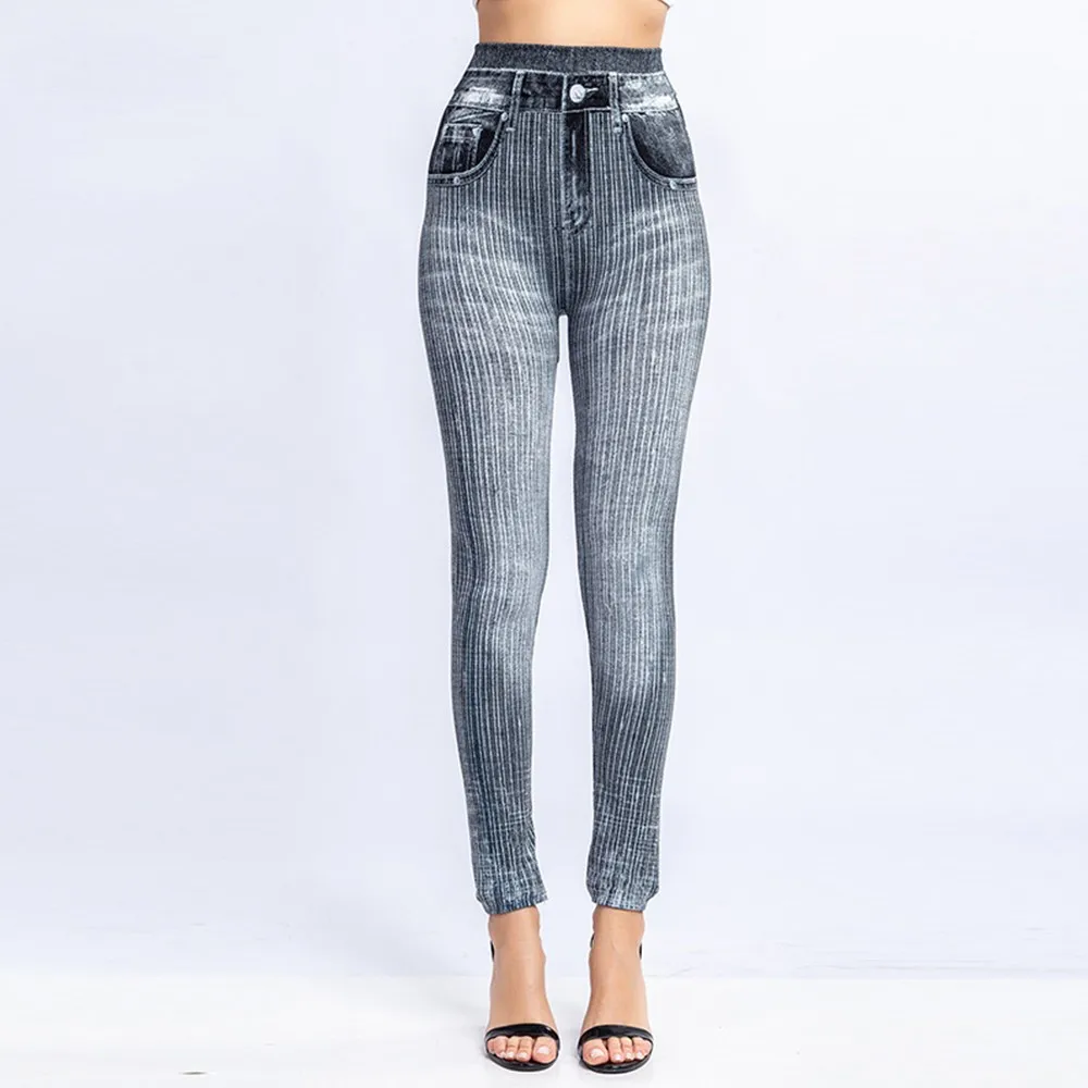 

Elastic Shaping Pants Women High Waist Faux Denim Jeans Fitness Sports Leggings Spring Slim Push Up Trousers Breeches Jeggings
