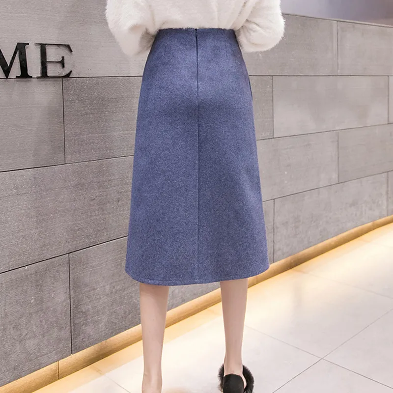 REALEFT Новинка Осень Зима шерстяные до колена трапециевидные юбки с высокой талией