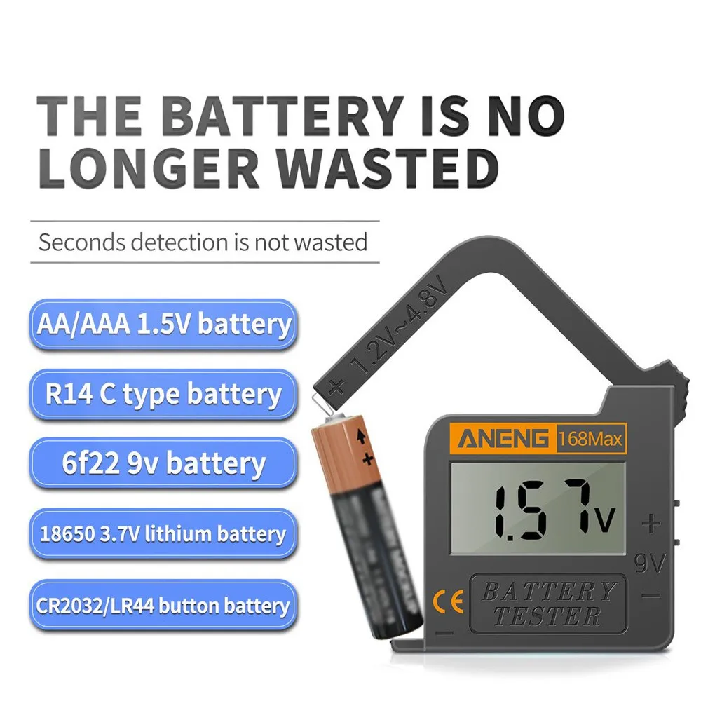 

168Max Universal Digital Battery Capacity Tester For Lithium AA 9V Button Universal Test Checkered Load Analyzer Display Check