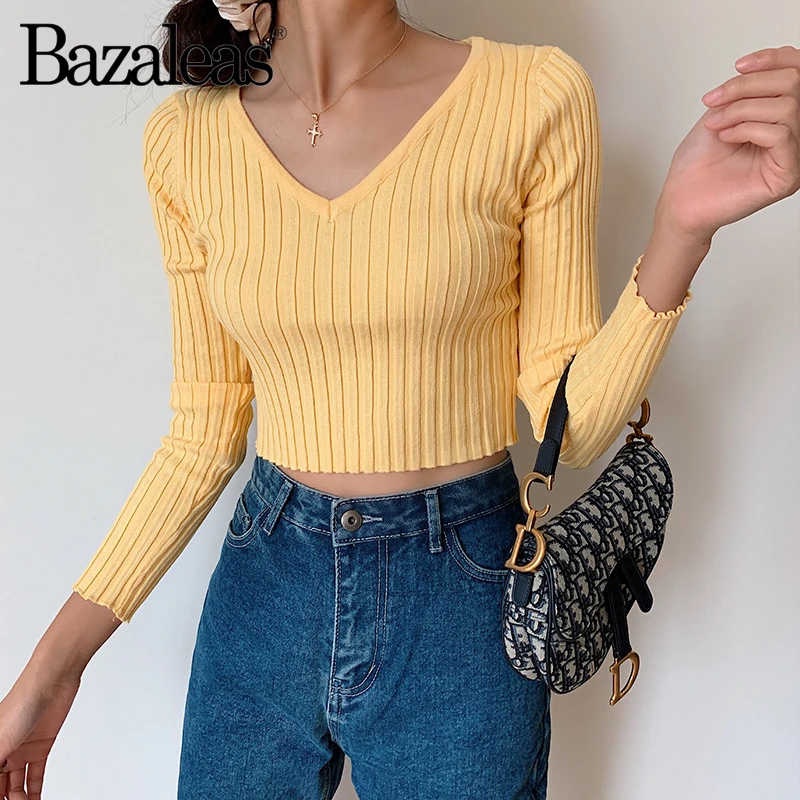 Женская трикотажная футболка Bazaleas желтая Универсальная с v образным вырезом