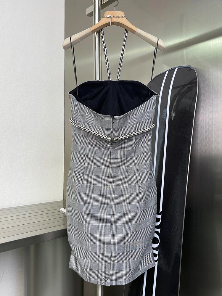 

Vintage Classic Gray Plaid Sexy Backless Diamond Chain Halter Neck Wrap Dress 2021 Summer Women's Streetwear Slim All-Match