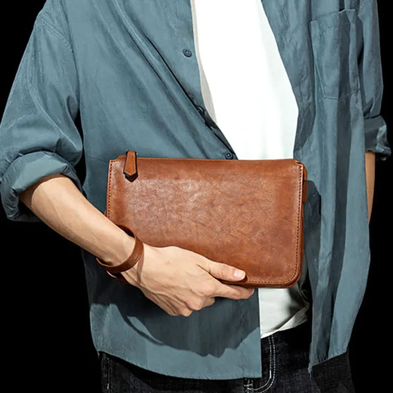 High-capacity clutch in the first layer of cowhide, hand-cleaned color mobile phone bag, men's vegetable tanned cowhide clutch