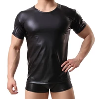 men faux leather solid color elastic top bar stage performance slim t shirt