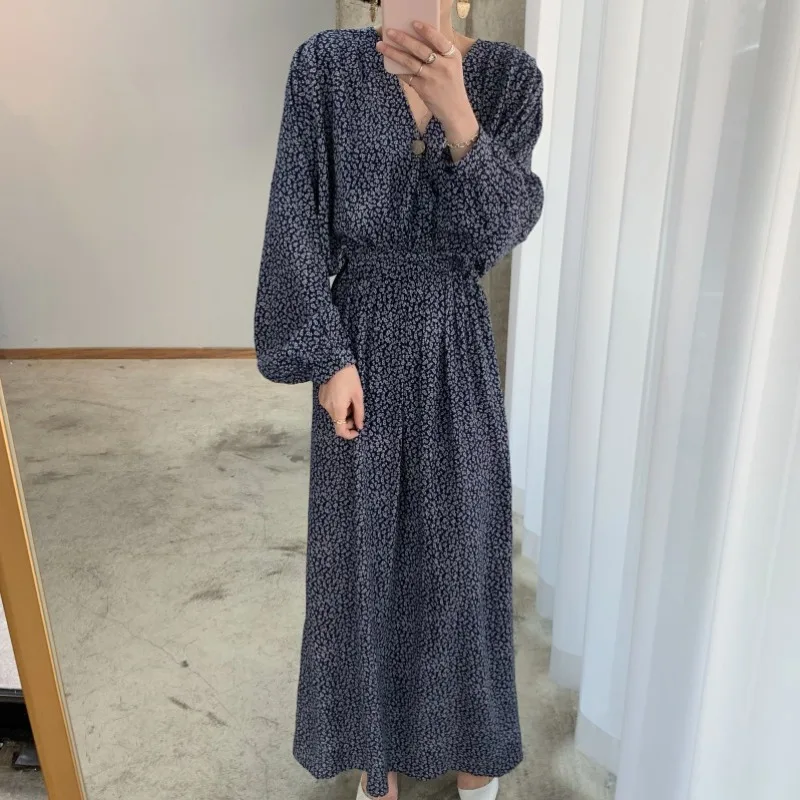 

ZAWAHIKI Korean Vintage Elegant Women's Dress Summer 2021 V Neck Long Sleeve Slim Waist Print Dress Loose Chiffon Long Vestidos