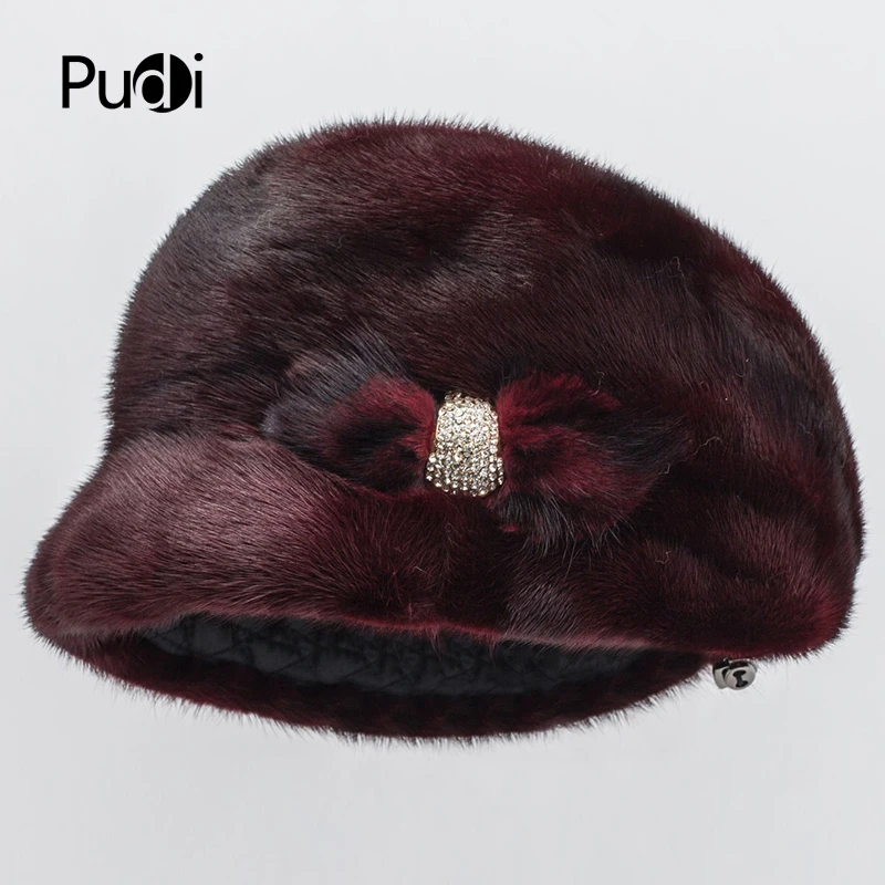 Pudi HF7047 The New Women Real Natural Mink Fur Hat Caps Beanies Wine Red Winter Caps