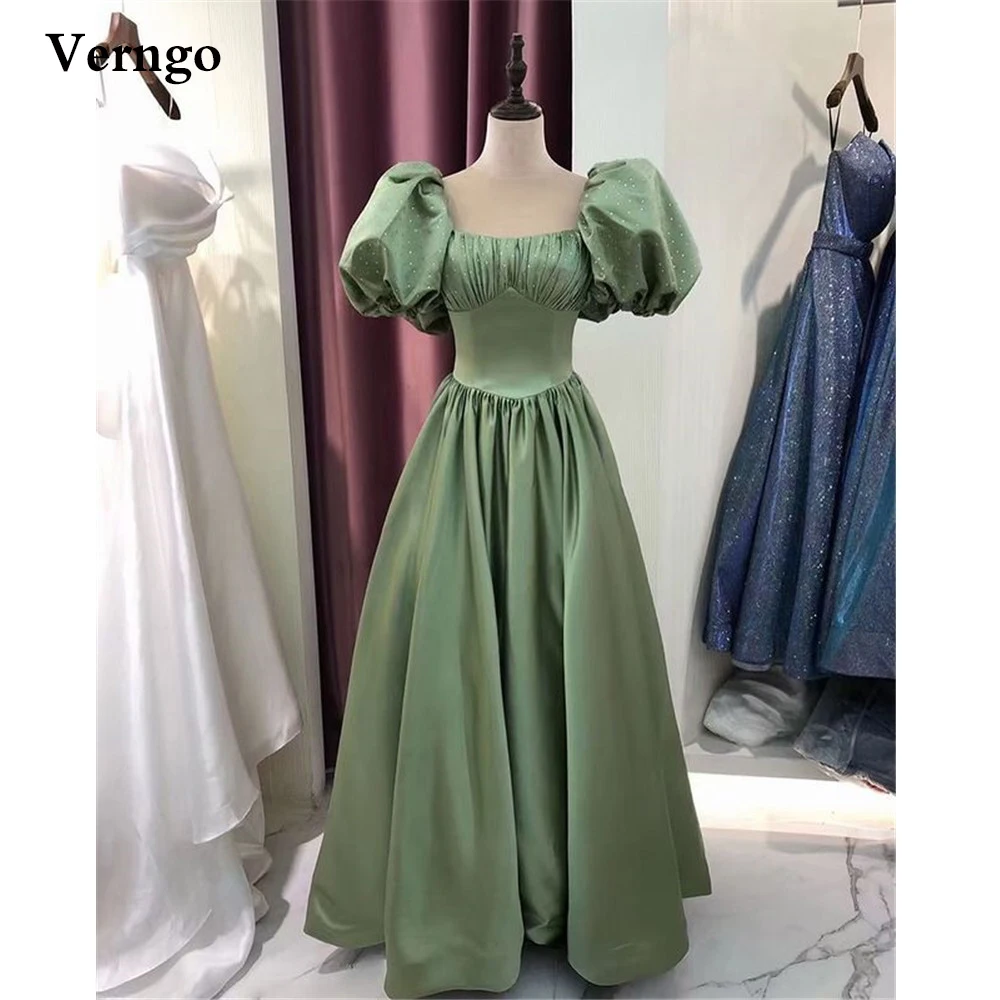 Verngo Old Green Puff Short Sleeves Evening Dresses A Line Draped Corset Waist Beads Prom Gowns Modest Long Party Formal Dress