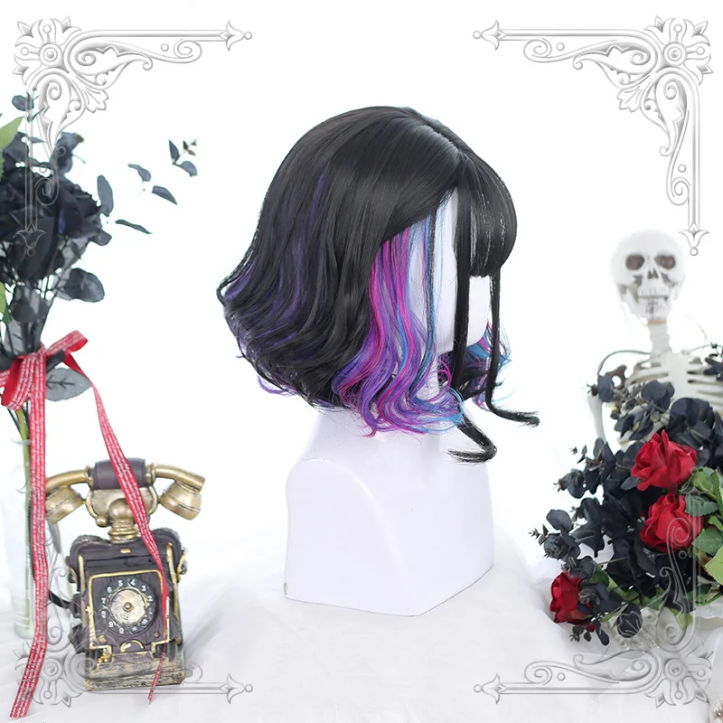 

High Quality Multicolor Lolita Natural Black Dyed Purple Air Bangs Short Curly Hair Wig Cosplay Party