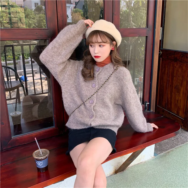 

Women New Soft Knit Cardigan Sweater Spring Autumn Loose Short Knitted Coat Solid color O-neck Casual Long sleeve Female coats