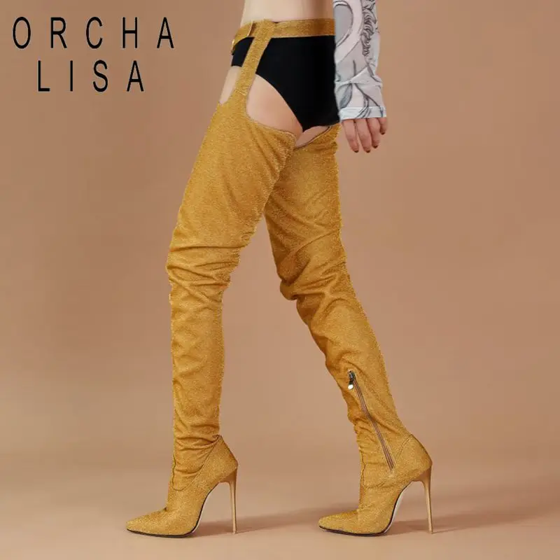 

ORCHA LISA/женские талии облегающие сапоги Острый носок шпильки 12,5 см из нубука пикантные узкие на молнии выше колена вечерние с ремнем и пряжко...