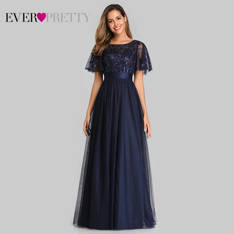 Navy Blue Robe De Soiree блестящие вечерние платья Длинные Ever Pretty EP00904GY A-Line o-образным вырезом с коротким рукавом Вечерние платья женские элегантные платья - Цвет: Navy Blue