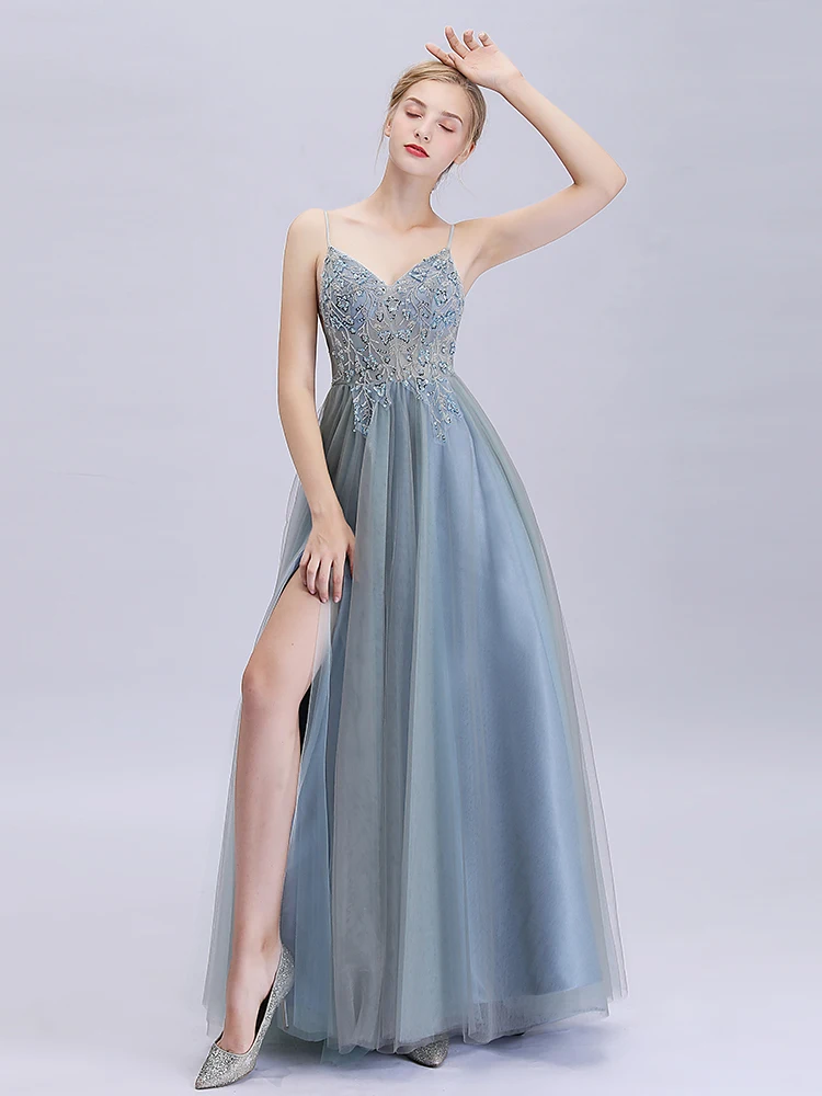 as the picture SSYFashion, новинка, сексуальное вечернее платье с v-образным вырезом, серое, зеленое, с блестками, с бисером, без спинки, в пол, вечерние платья, Robe De Soiree - Цвет: as the picture