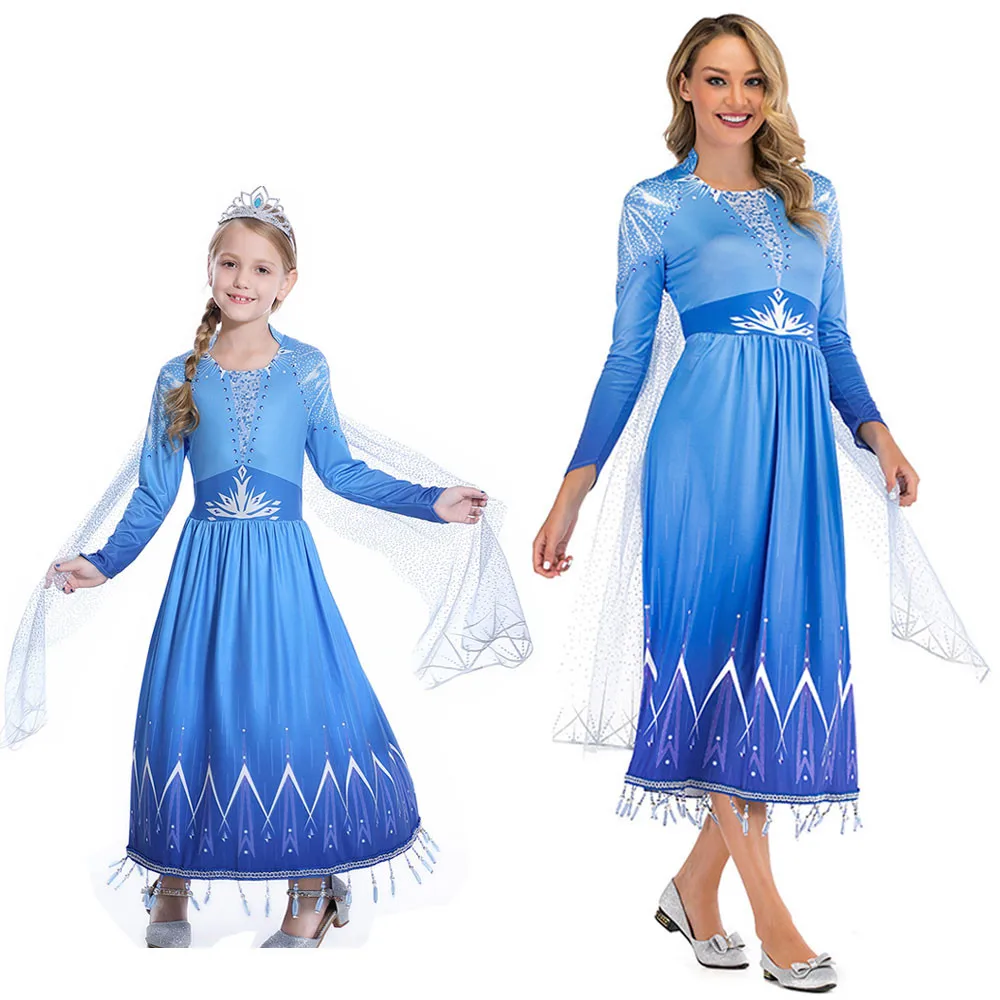 Mother Daughter Dresses Outfits Women Audult Girls Elsa Dress Elsa Costume Cosplay Mother and Daughter Matching Family Clothes