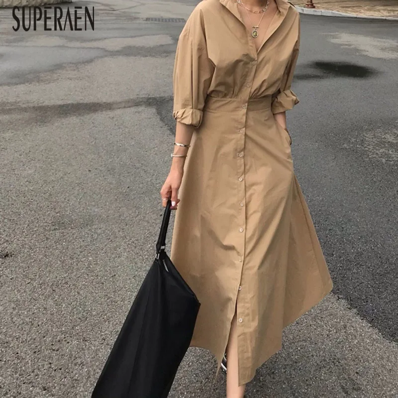 SuperAen корейский стиль женское длинное платье однотонный лацкан Хлопок Дамское Платье Осень новинка Повседневная модная женская одежда