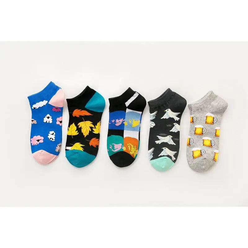 

Носки-тапочки мужские незаметные Новинка весна-лето Веселые носки до щиколотки из чесаного хлопка с рисунком овец кленовых листьев