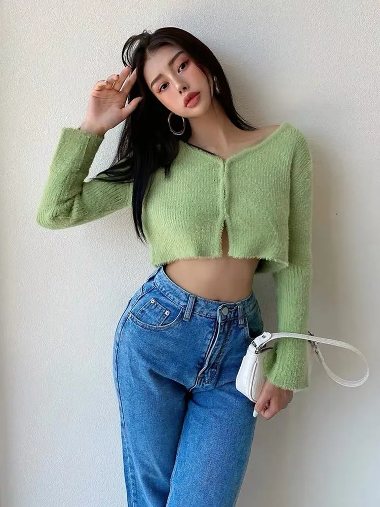 Осенний модный вязаный кардиган из мохера Женский однобортный сексуальный