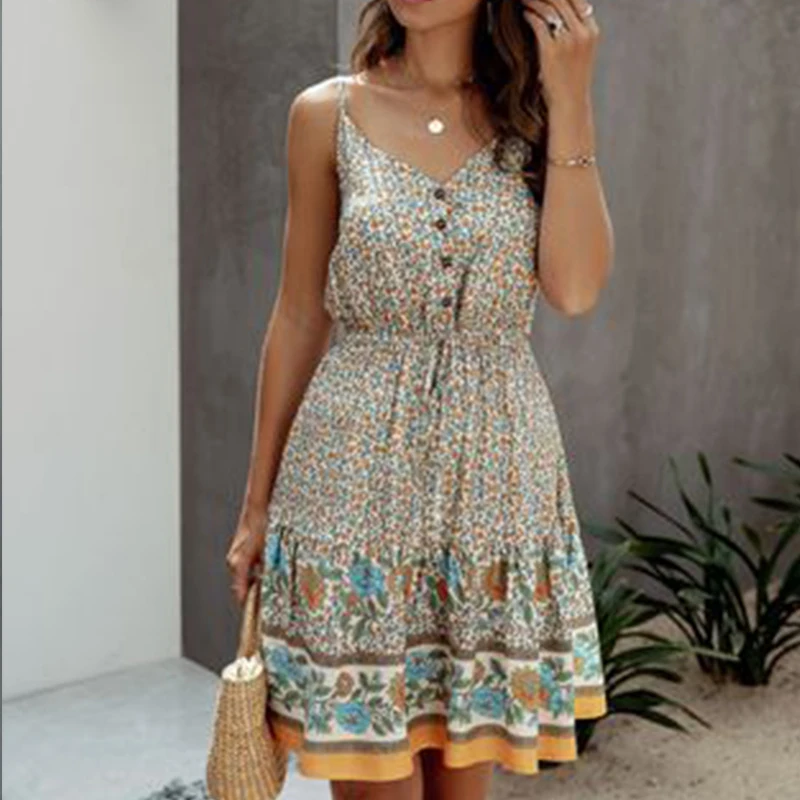 

Sexy Women V-neck Sleeveless Mini Dress Summer Floral Print Buttons Short Sundress Girls Backless Elastic Waist Beach Dresses