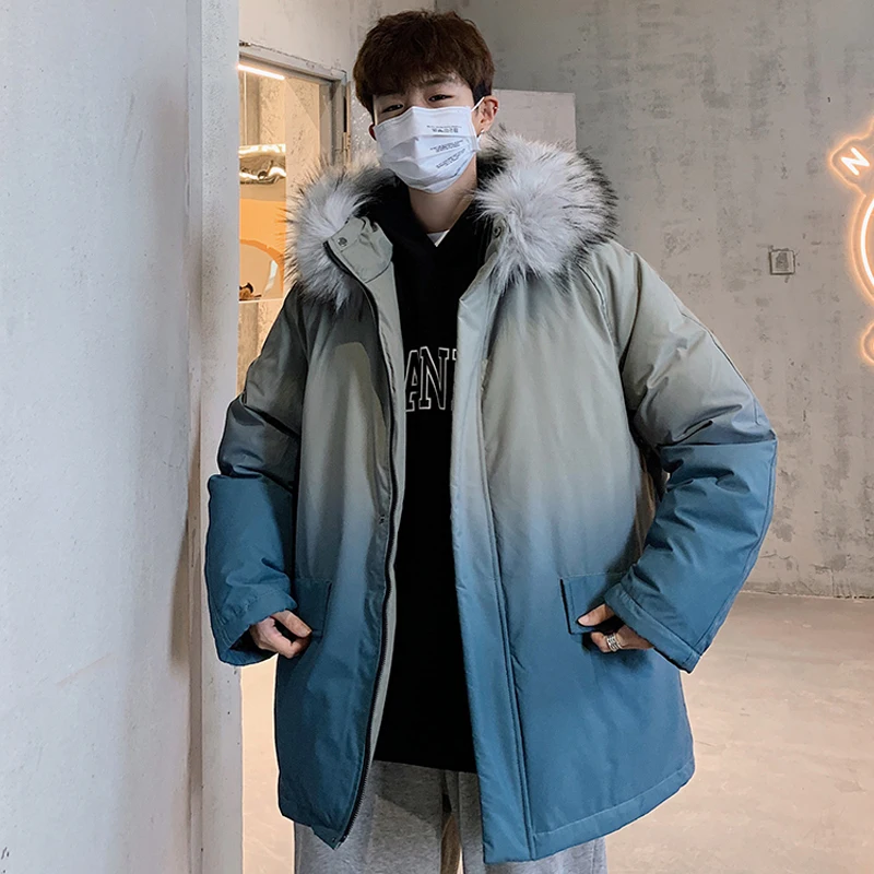 Новый мужской пуховик на белом утином пуху теплый плотный с капюшоном меховым