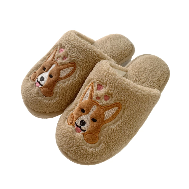 

Winter Warm Home Womens Slippers Cute Corgi Indoor Comfortable PVC Sole Cartoon Print Soft Home Cotton Shoes Flat Slippers