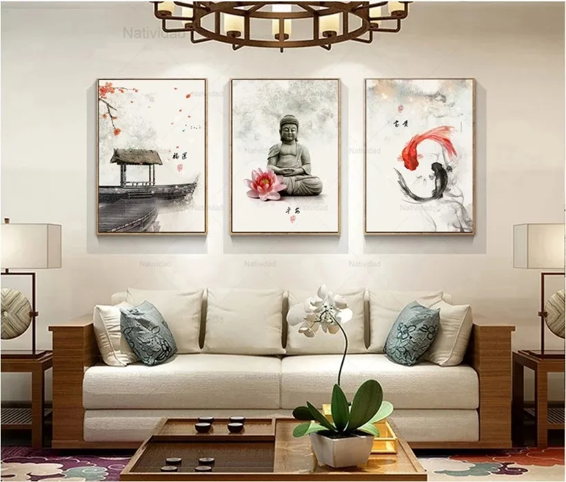 

New Chinese Style Canvas Painting Ink Flowers Buddha Wall Art Print Picture Poster Living Room Bedroom Decoration No Framed