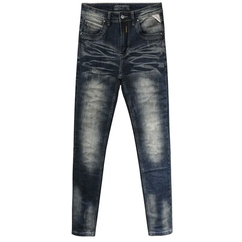 Italian Vintage Fashion Men Jeans Retro Blue Elastic Cotton Slim Fit Ripped Jeans Men Distressed Designer Casual Denim Pants