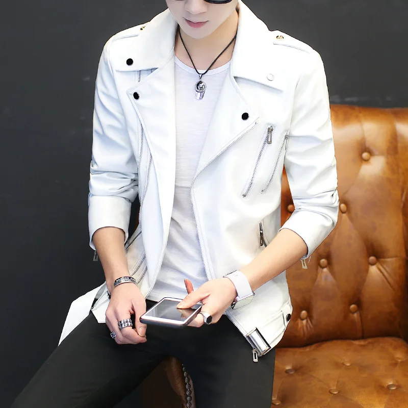 

Мужская приталенная кожаная куртка, черная Молодежная повседневная куртка из искусственной кожи на молнии с заклепками и отложным воротни...