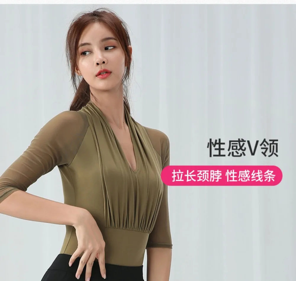 Латинский танцевальный комбинезон для женщин сексуальный v-образный вырез с длинными рукавами Топы женские костюмы для бальных танцев костюмы больших размеров рубашки для тренировок DWY2128