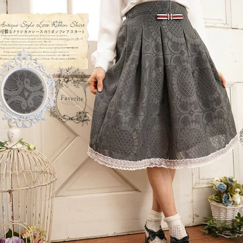 

Mori Girl Grey Lace Sweet Skirt Women Clothing Harajuku Bowknot Floral Embroidery Half Length Lolita Female Kawaii Skirt A262
