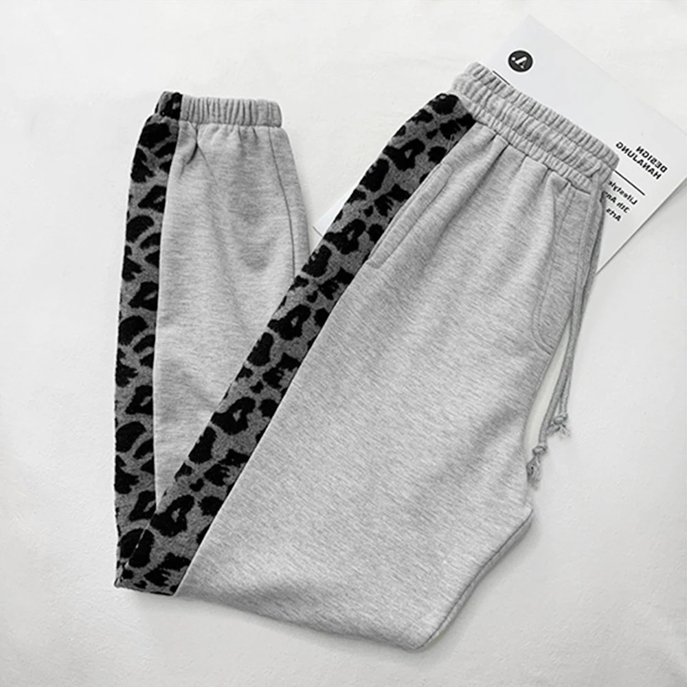 

Missme Gray Sweatpants Women Side Leopard Print Long Pants Streetwear Elastic Waist Harem Pants Pockets 2021