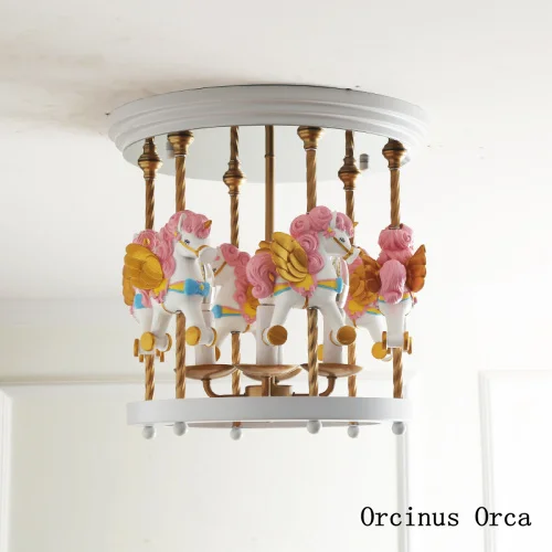 Мультяшный креативный цветной потолочный светильник в виде единорога лампа для