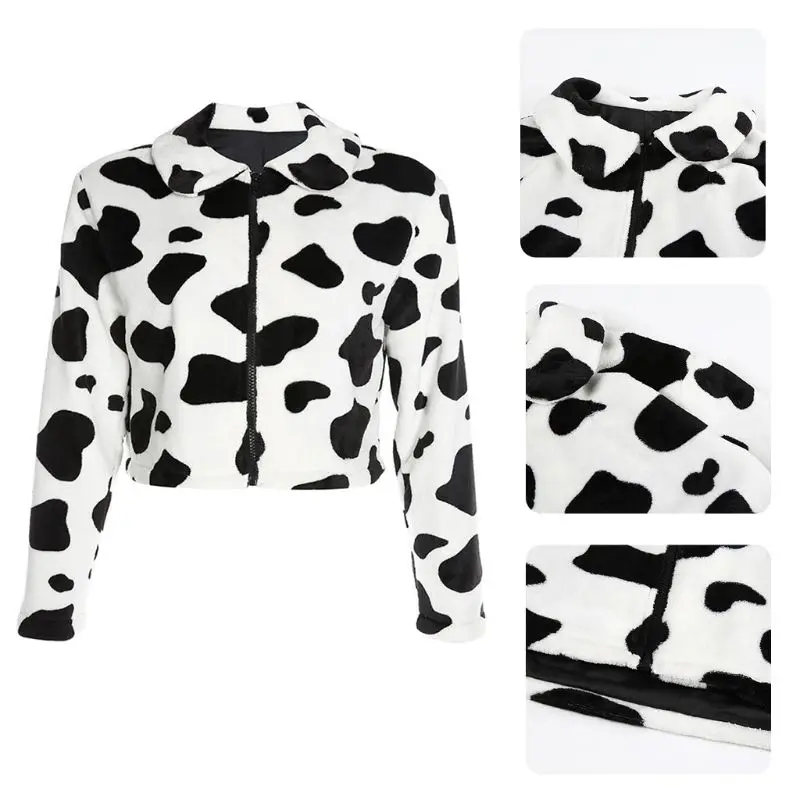 

Women Winter Fuzzy Plush Short Jacket Long Sleeve Fluffy Lapel Zip Up Cropped Coat Black White Milk Cow Print Outwear