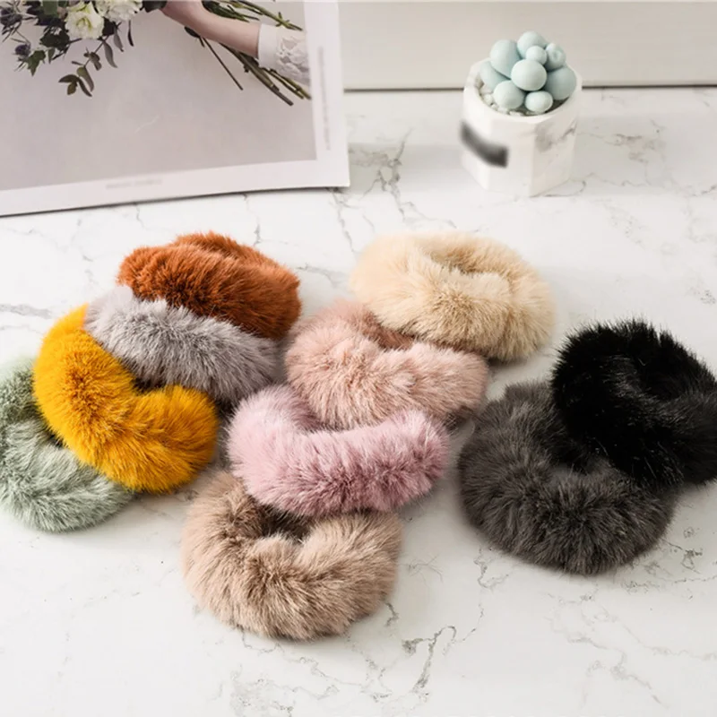 women winter Rabbit Hair Soft Elastic Bands Girls Cute Scrunchie Ponytail Holder Rubber Band True Fur Accessories |
