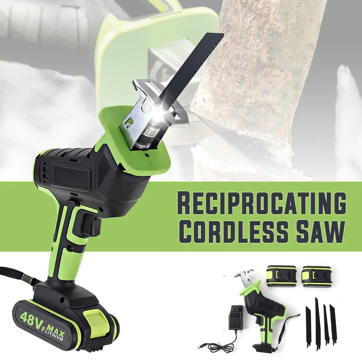 Drillpro 48V Cordless Reciprocating Saw +4 Saw blades Metal Cutting Wood Tool Portable Woodworking Cutters With 1/2 Battery New
