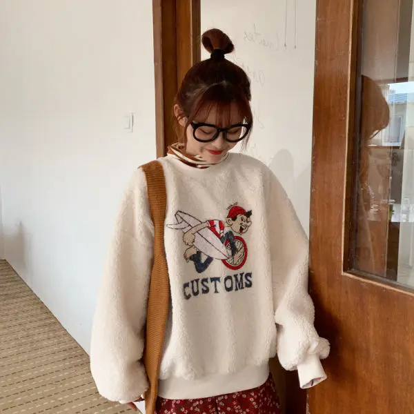 

Fake two pieces of high collar women's winter new Korean style cashmere thickened imitation lamb wool loose coat