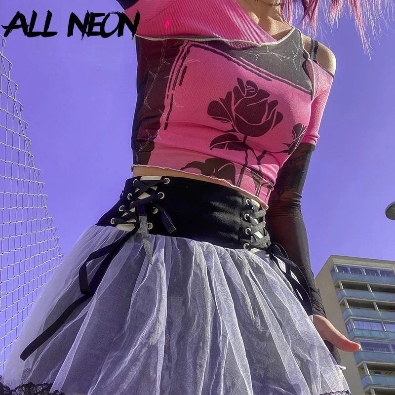 

ALLNeon Pastel Goth Y2K Patchwork Rose Print Pink Crop Tops E-girl Aesthetics Cute Off Shoulder Mesh Long Sleeve Ribbed T-shirts